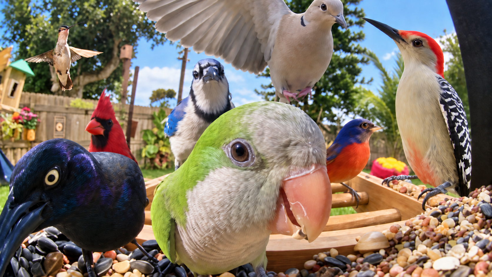 Enhanced backyard feeder image with a green parrot, blue jay, cardinal, dove and other colorful birds